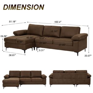 100.8" Sectional Sofa,Faux Leather Couch with Reversible Chaise,Mid-Century L Shaped Sofa Couch for Living Room, Apartment,Office (Dark Brown, Sofa with Chaise)