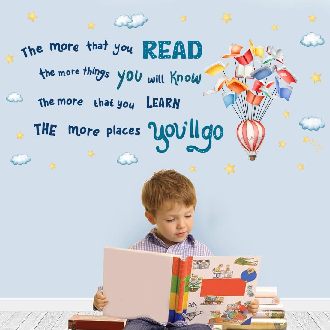 YIMEHDAN Reading Book Wall Decal,The More That You Read The More Things You Will Know Inspirational Quote Vinyl Wall Stickers, Removable Educational Reading Artwork for Classroom Office Library Decor