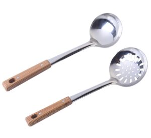 2 pcs soup spoon, 13 inch stainless steel leaky spoon and soup spoon with wooden handle for cooking (2)