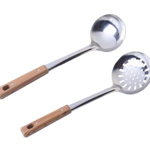 2 Pcs Soup Spoon, 13 Inch Stainless Steel Leaky Spoon and Soup Spoon with Wooden Handle for Cooking (2)