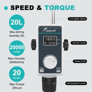 JOANLAB Overhead Stirrer Set 20L 20000 mPas Digital Overhead Mixer Lab Stirrer w/Stirring Rods 100-1500RPM Timing 1min-24h (Stand Included)