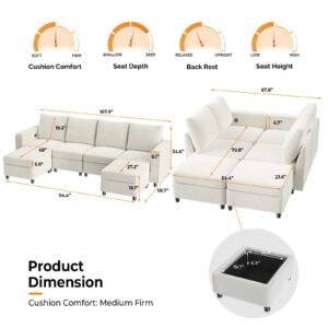 VINGLI 108" U-Shaped Storage Modular Sectional Sofa Sleeper in USB Built-in Charger, Convertible Couch Bed with High-Resilience Foam, 4 Deep Seaters Module/2 Ottomans(Chaises),Chenille/Cream White