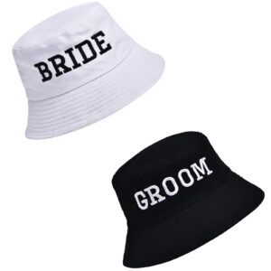 2PCS Bride Groom Bucket Hats Bachelor Bachelorette Party Decorations Bridal Honeymoon Travel Newlywed Gifts White Black