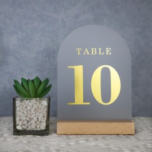 ORGANTEAM Gold Wedding Table Numbers 1-10 with Wooden Stands, Frosted Acrylic Table Numbers for Wedding, 5x7" Arch Table Signs Perfect for Rustic Wedding Restaurant Decoration Party Anniversary Event(Frosted Gold Font, Table Number 1-10)