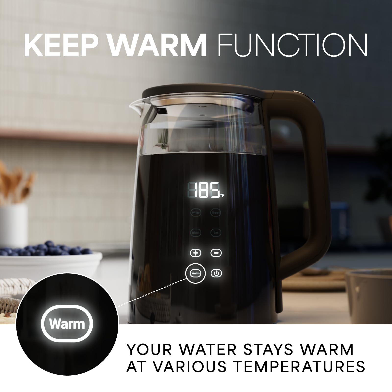 Veken Electric Tea Kettle, 1.7 Liters 1500W, Temperature Control, Keep Warm, Digital Display, Automatic Shut Off, Hot Water Boiler Heater Pot, Glass Boiling Teapot, Kitchen Boil Kettles, Black