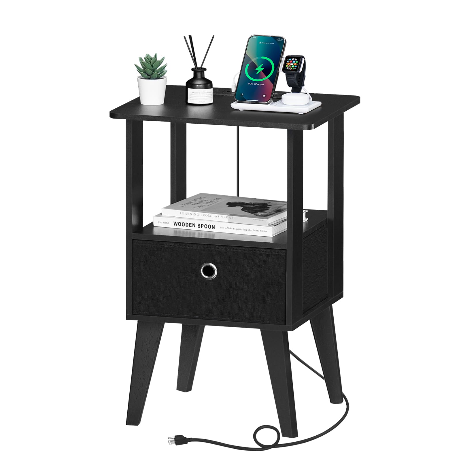 LELELINKY Nightstand with Charging Station,mid Century Modern Night Stand with Fabric Drawer and Open Storage Shelf, Bedside Table with USB Ports and Outlets, Small End Table for Bedroom, Black