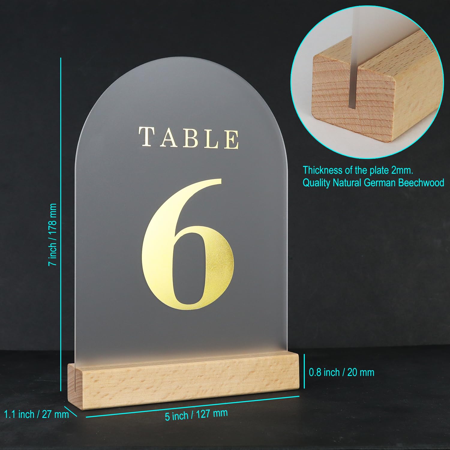 ORGANTEAM Gold Wedding Table Numbers 1-10 with Wooden Stands, Frosted Acrylic Table Numbers for Wedding, 5x7" Arch Table Signs Perfect for Rustic Wedding Restaurant Decoration Party Anniversary Event(Frosted Gold Font, Table Number 1-10)