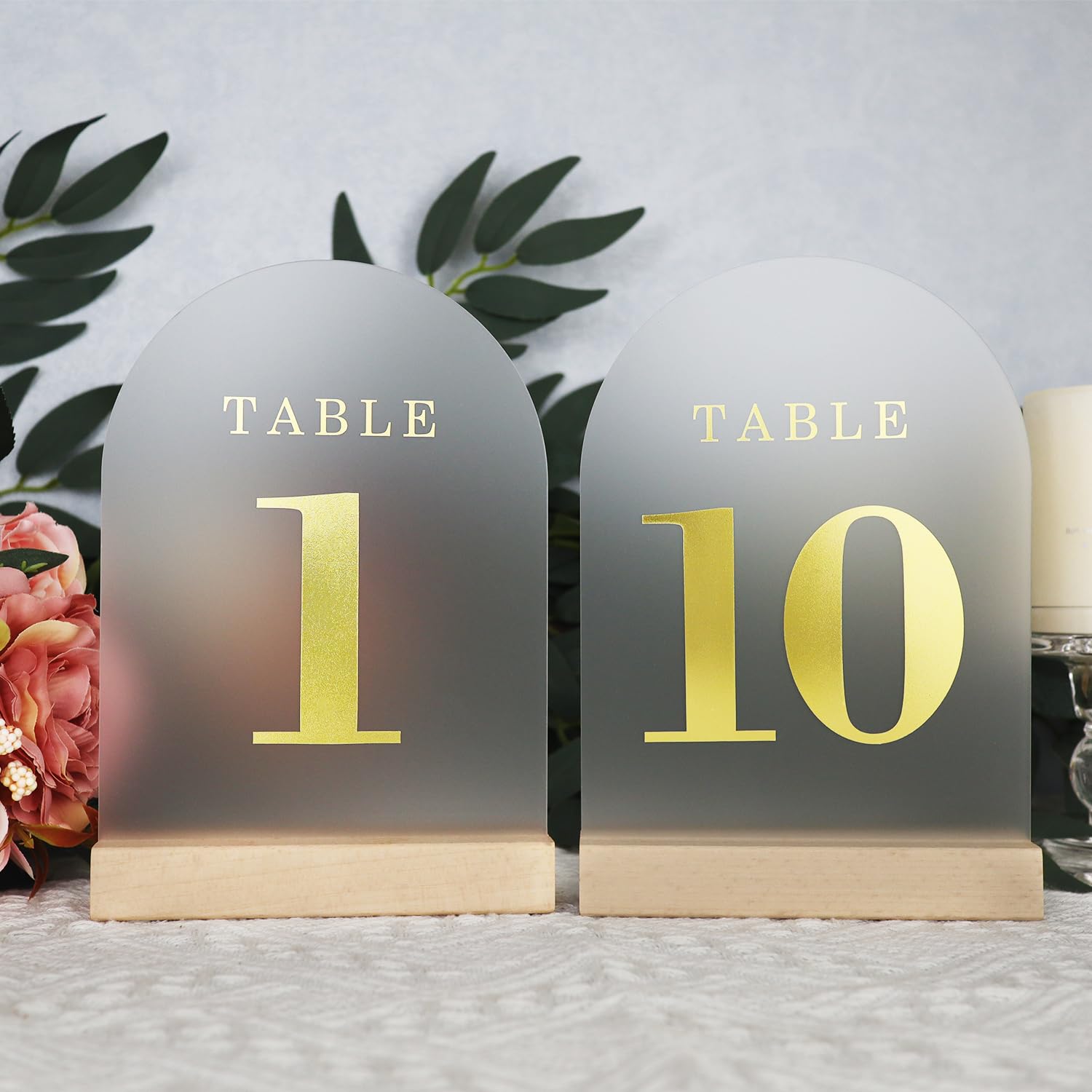 ORGANTEAM Gold Wedding Table Numbers 1-10 with Wooden Stands, Frosted Acrylic Table Numbers for Wedding, 5x7" Arch Table Signs Perfect for Rustic Wedding Restaurant Decoration Party Anniversary Event(Frosted Gold Font, Table Number 1-10)