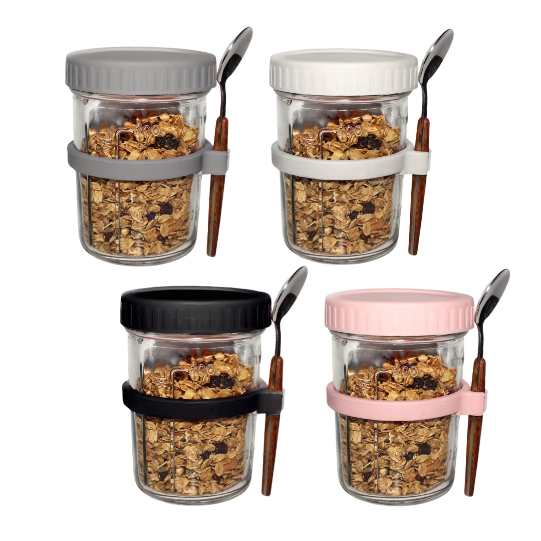 Overnight Oats Containers with Lids, Glass Jars with Lids, Set of 4 Glass Jars with Lids, Leak Proof, Meal Prep Jars, Container for Oats, Salad, and Fruit