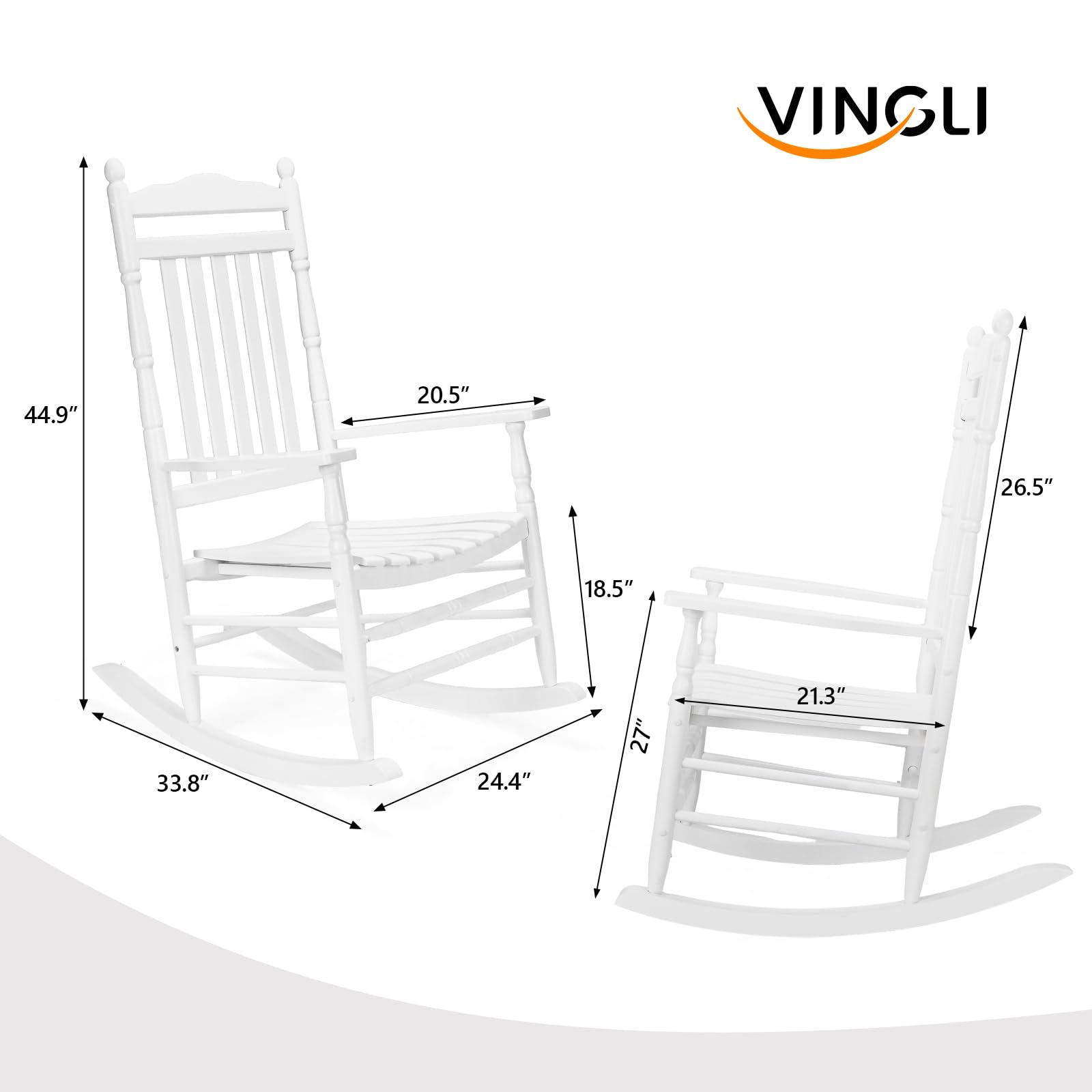 VINGLI Wooden Rocking Chair Outdoor, Patio Rockers with High Back, Support 450 LBS Rocking Chairs, for Porch, Patio, Balcony, Garden, Yard (White, 1 PC)