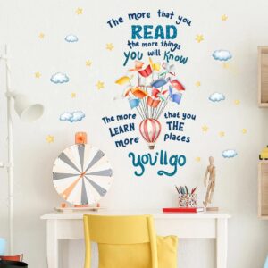 YIMEHDAN Reading Book Wall Decal,The More That You Read The More Things You Will Know Inspirational Quote Vinyl Wall Stickers, Removable Educational Reading Artwork for Classroom Office Library Decor