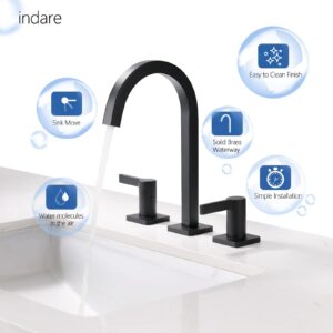 INDARE Bathroom Faucets， Black Bathroom Faucet， Lead-Free Brass Widespread Bathroom Faucets for Sink 3 Hole，8 Inch Bathroom Sink Faucet with Pop-Up Drain & Supply Lines，110104-EB