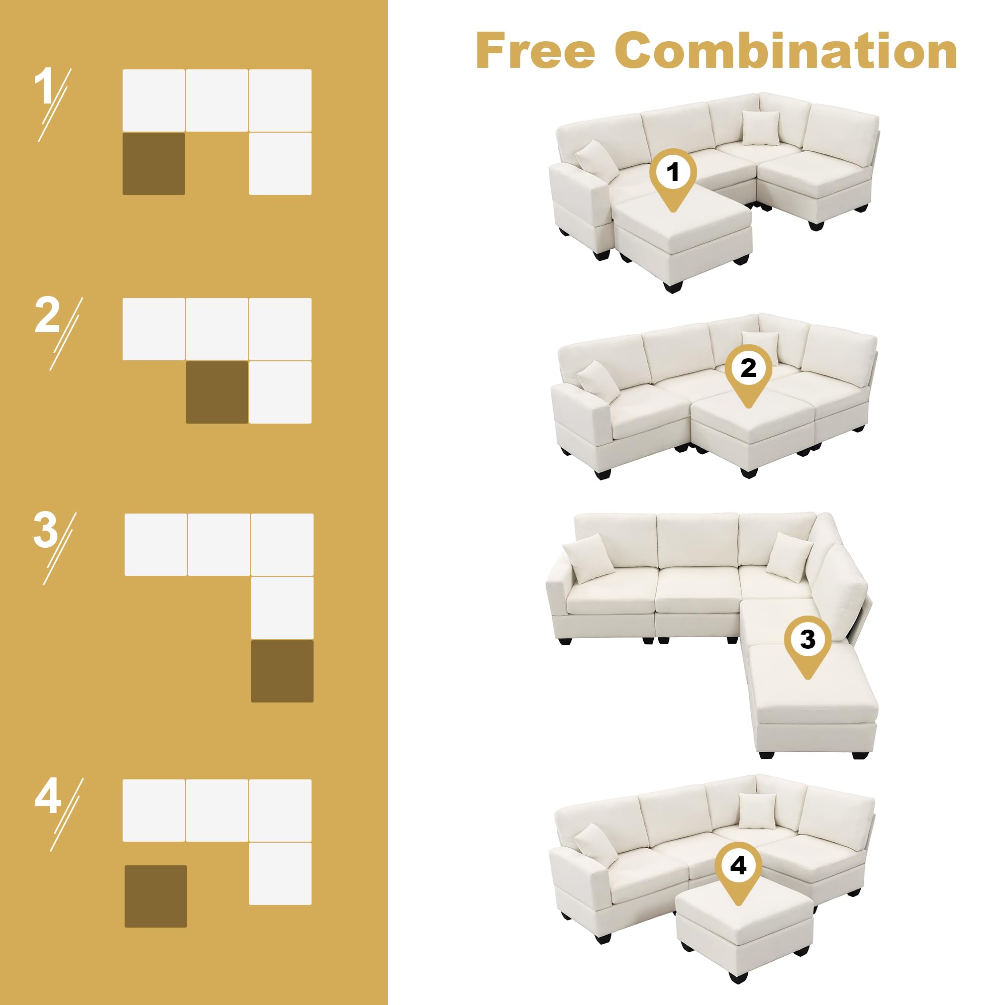 90" Modular Sectional Sofa with Convertible Ottoman, 5 Seats L-Shape Reversible Solid Corner Sofa with 2 Pillows, Linen Modern Sleeper Couch for Living Room, Apartment, Office (Cream White)