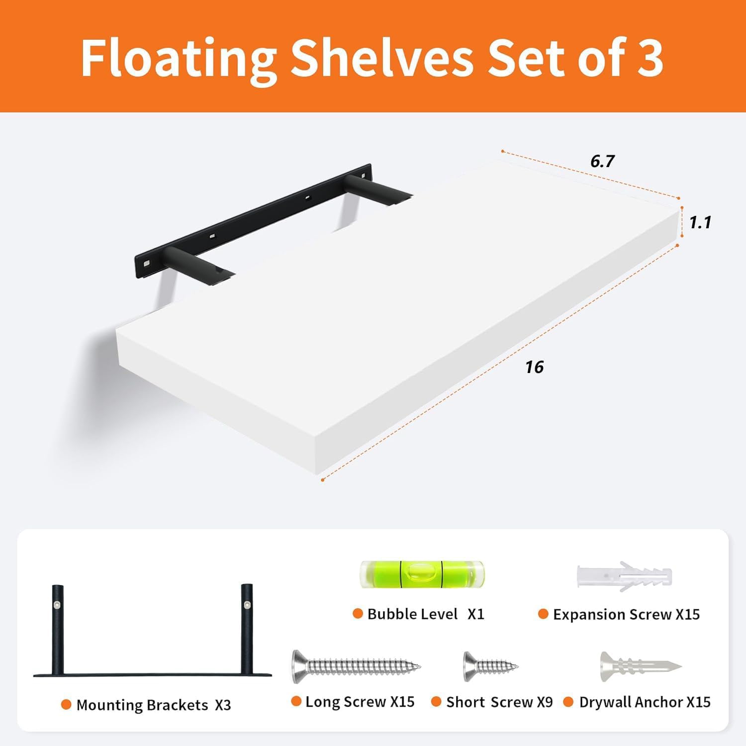 Upassion White Floating Shelves for Wall Set of 3, 16" White Wall Shelves for Home Decor, Frame Display Wall Mounted White Floating Shelf for Living Room, Bedroom, Bathroom, Kitchen