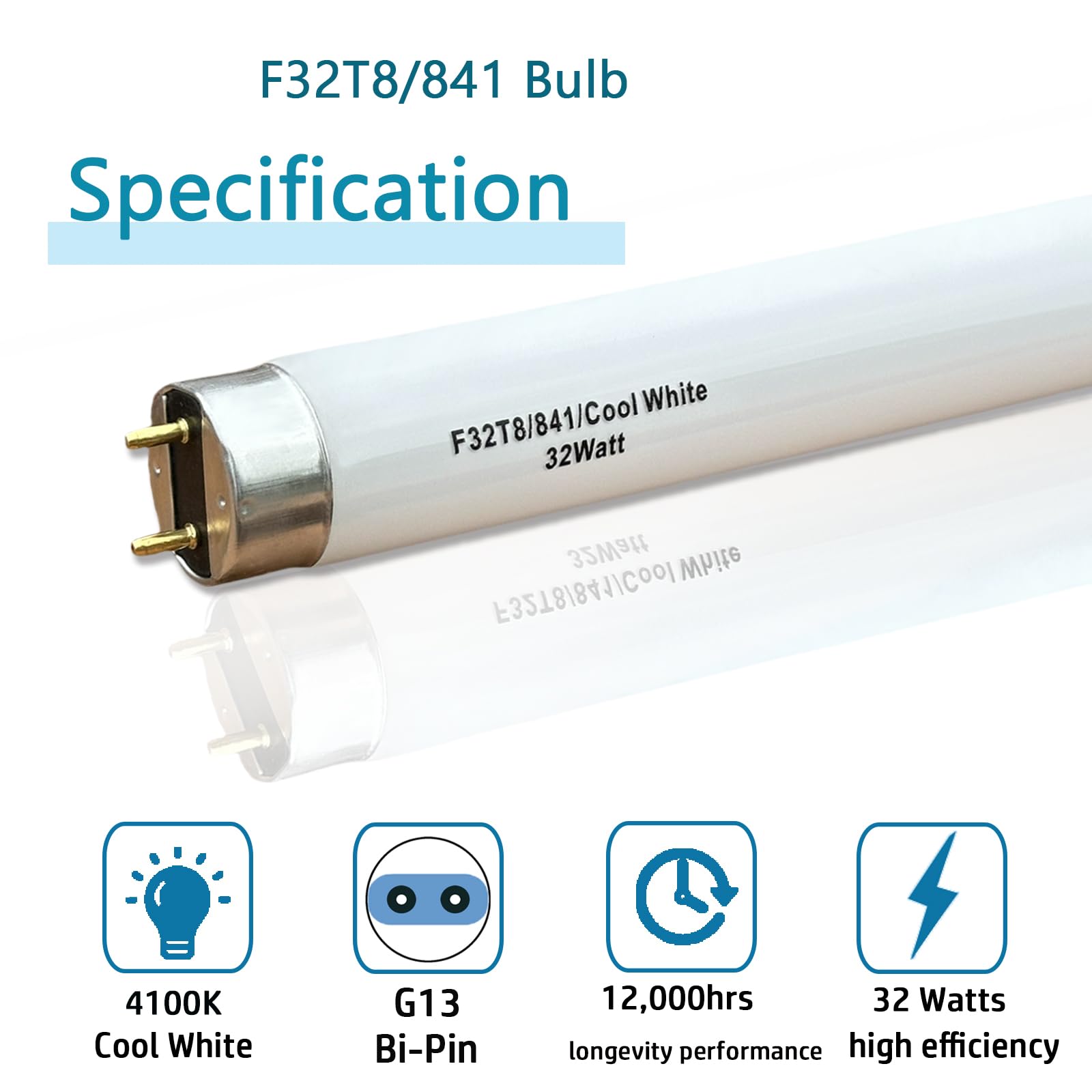 48 inch F32T8/841 32W T8 Fluorescent Tube Light Bulb, 4 Foot 32Watt/TL841 CW Cool White 4100K,2800 Lumen,G13 Medium Bi-Pin Base (10 Pack)