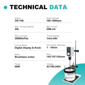 JOANLAB Overhead Stirrer Set 20L 20000 mPas Digital Overhead Mixer Lab Stirrer w/Stirring Rods 100-1500RPM Timing 1min-24h (Stand Included)