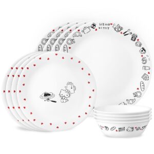 corelle vitrelle hello kitty 12-pc dinnerware set, service for 3, triple layered glass, anti-chip durable lightweight plate and bowl set