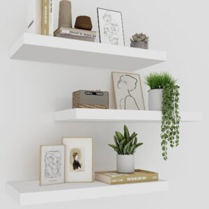 upassion white floating shelves for wall set of 3, 16" white wall shelves for home decor, frame display wall mounted white floating shelf for living room, bedroom, bathroom, kitchen