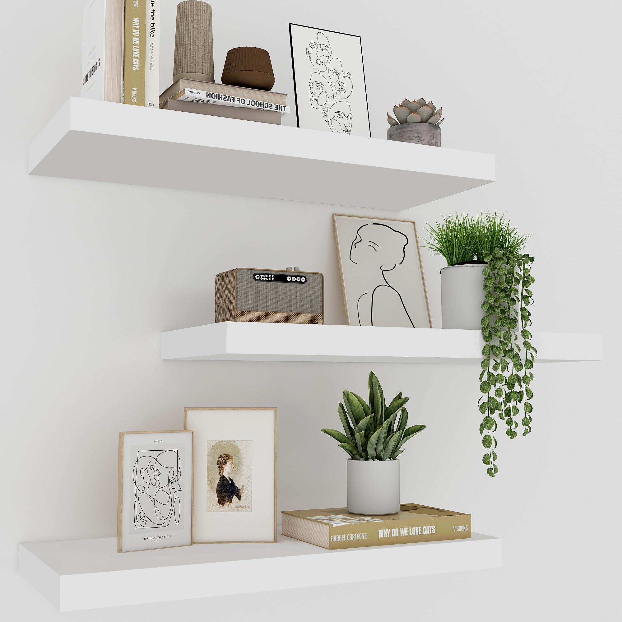 Upassion White Floating Shelves for Wall Set of 3, 16" White Wall Shelves for Home Decor, Frame Display Wall Mounted White Floating Shelf for Living Room, Bedroom, Bathroom, Kitchen