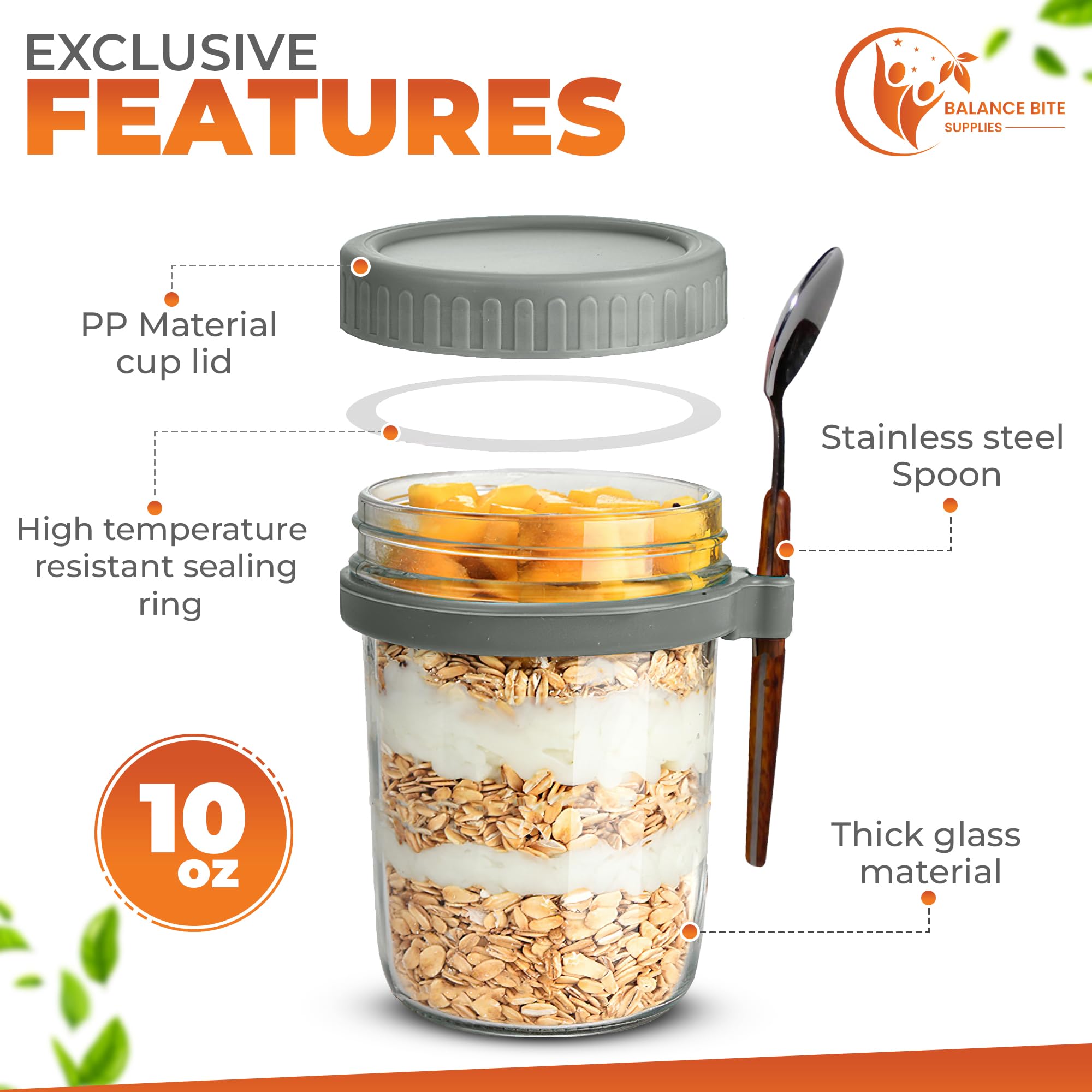 Overnight Oats Containers with Lids, Glass Jars with Lids, Set of 4 Glass Jars with Lids, Leak Proof, Meal Prep Jars, Container for Oats, Salad, and Fruit