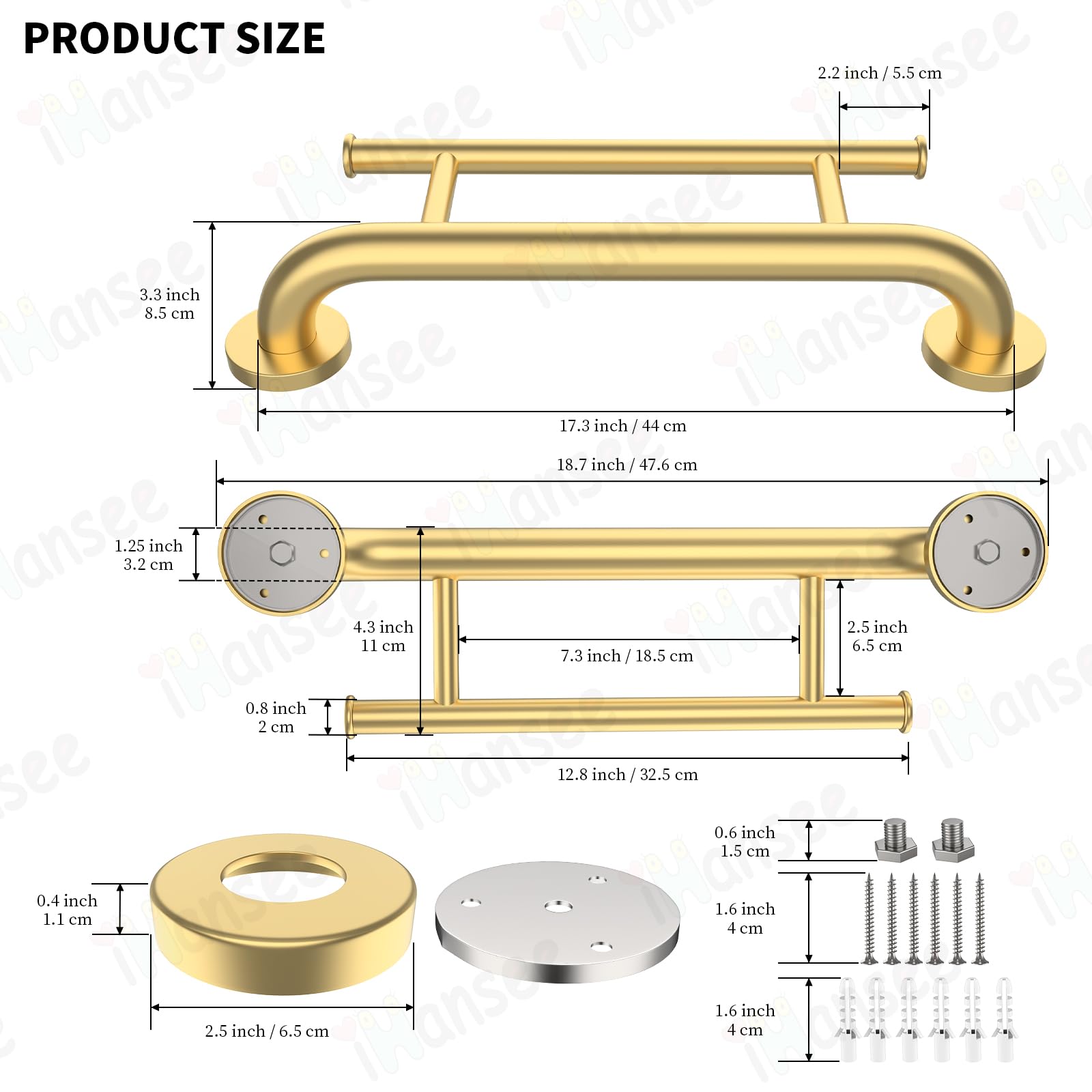 Gold Grab Bar 17 Inch w/Towel Holder, iHansee Stainless Steel Towel Rack Shower Support Balanced Support Handle, Wall Mount Safety Handrail Grab Rail for Elderly Senior Handicap Disabled