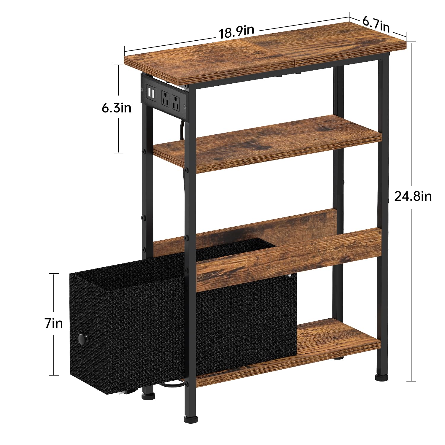 Narrow Side Table with Charging Station and LED Light, End Table with 1 Fabric Drawer, Skinny Nightstand with USB Ports and Outlets, Slim Bedside Table for Bedroom, Living Room, Rustic Brown