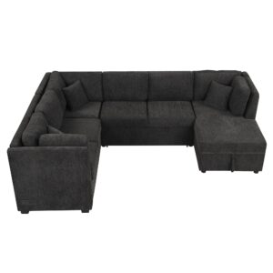 HABITRIO Sectional Sofa Bed with Storage Chaise, U Shaped Sectional Sofa with 3 Back Pillows, Pull Out Sofa Bed with 2 USB Ports for Living Room, Home, Office (Black)