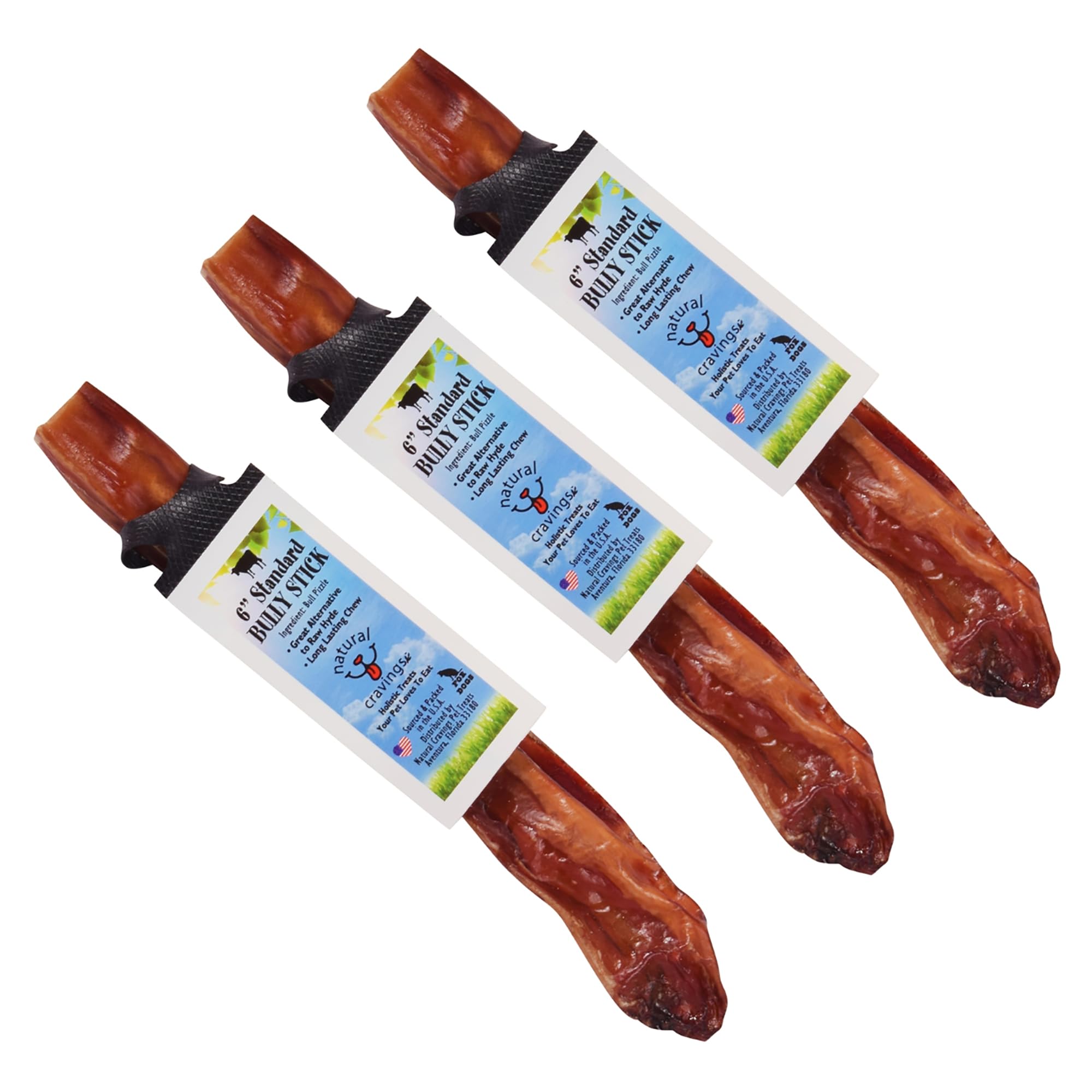 Natural Cravings: Standard Steer Bully Stick - 3 Pack - 6" Dog Chew Treat, Sm-Md Dogs Light Chewers, Single Ingredient Roasted Beef Pizzle, USA Made