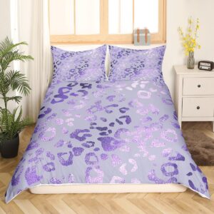 Purple Glitter Leopard Duvet Cover Queen Size,Cheetah Skin Comforter Cover with 2 Pillowcase for Teens,Kids Marble Abstract Art Bedding Set,Purple Leopard Breathable 3 Pieces Decorative Bed Cover