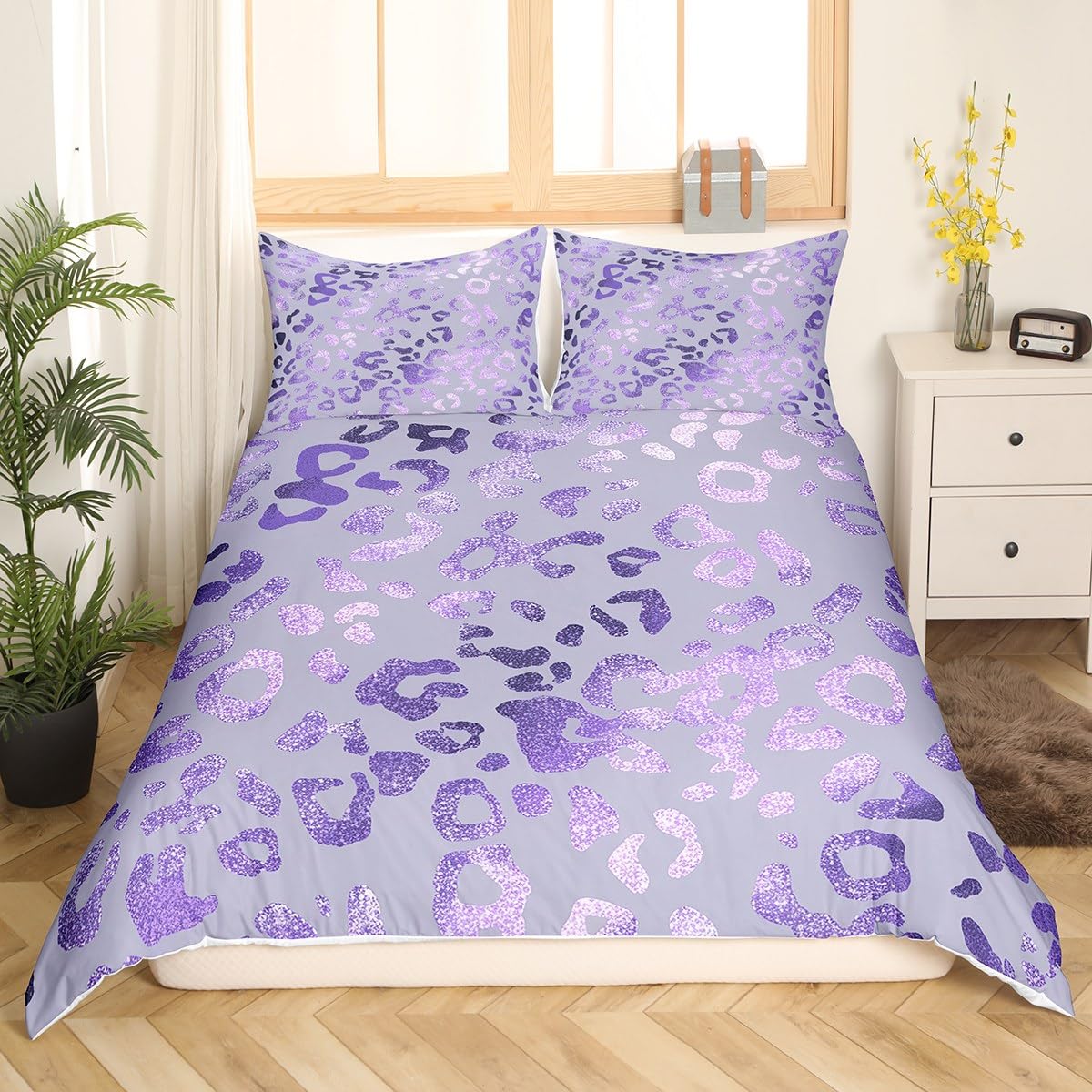 Purple Glitter Leopard Duvet Cover Queen Size,Cheetah Skin Comforter Cover with 2 Pillowcase for Teens,Kids Marble Abstract Art Bedding Set,Purple Leopard Breathable 3 Pieces Decorative Bed Cover