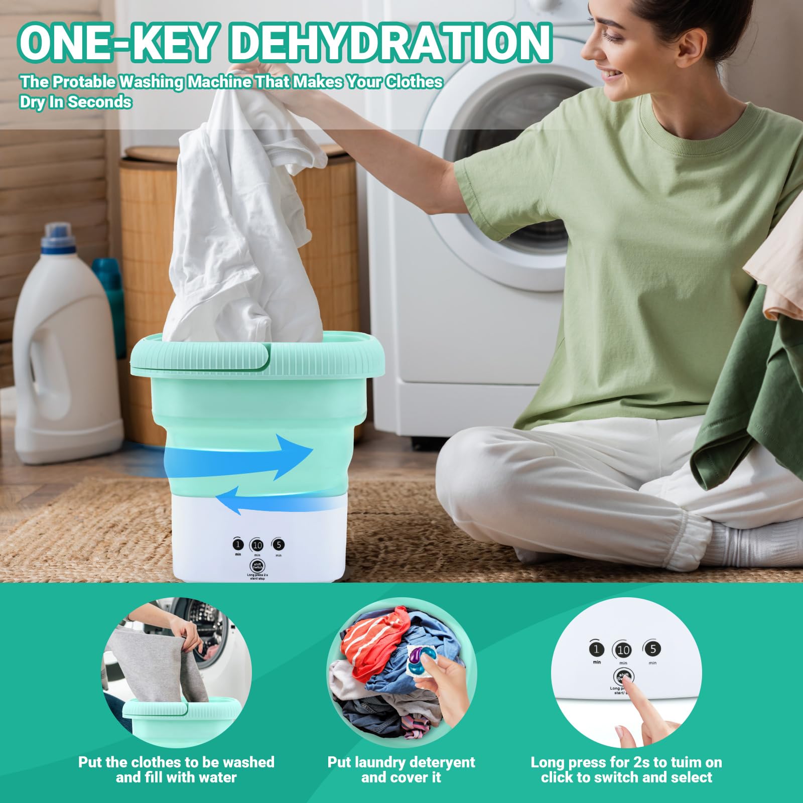 Portable Washing Machine, 6.5L Large Foldable Capacity Mini Washer of Underwear, Socks, Small Clothes Deep Cleaning for Dormitories, Hotel, Travel, Apartment Wash Machine