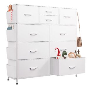 wlive white dresser for bedroom with 10 drawers, chest of drawers with side pockets and hooks, pu storage dresser, sturdy metal frame, drawers organizer unit for living room, hallway, closet