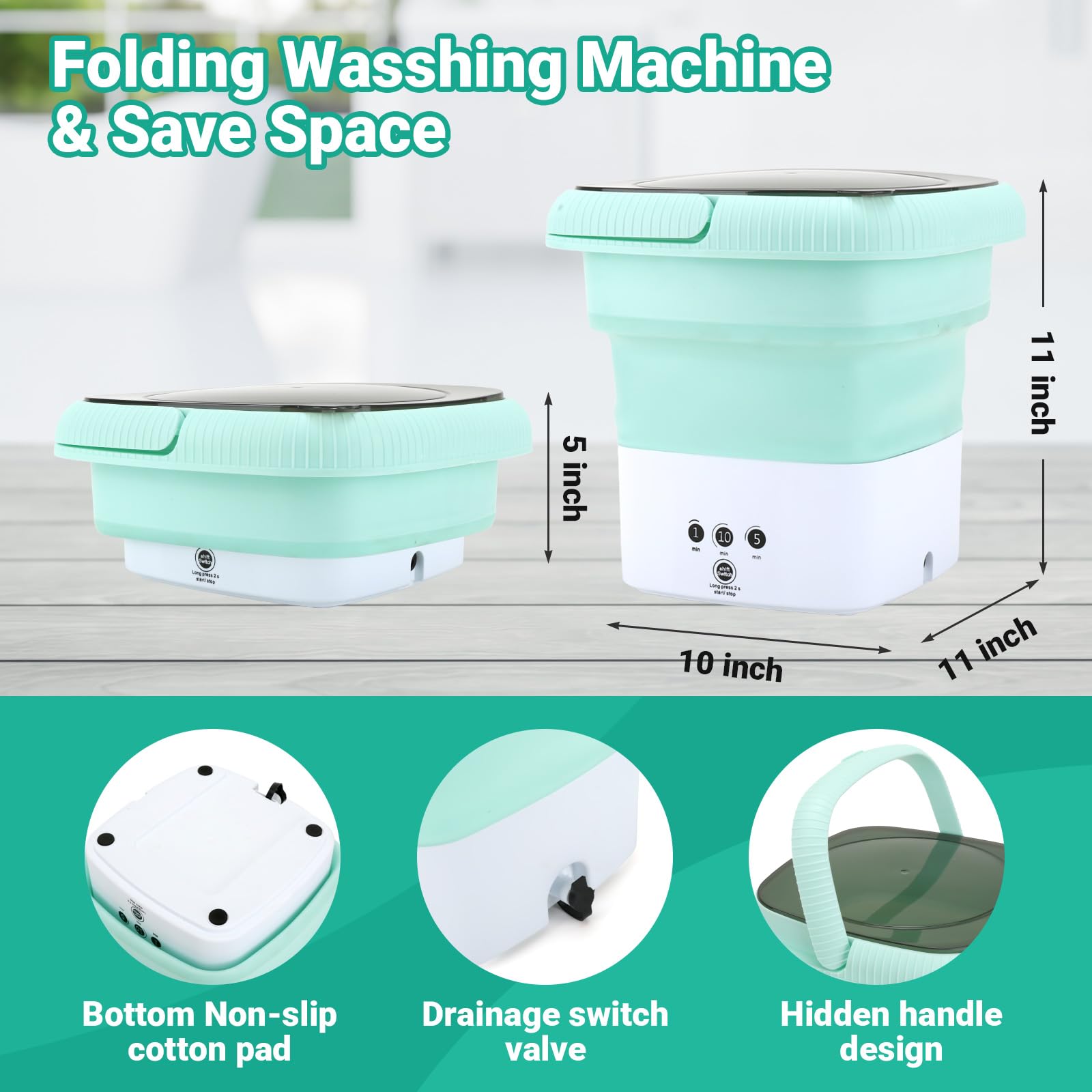 Portable Washing Machine, 6.5L Large Foldable Capacity Mini Washer of Underwear, Socks, Small Clothes Deep Cleaning for Dormitories, Hotel, Travel, Apartment Wash Machine