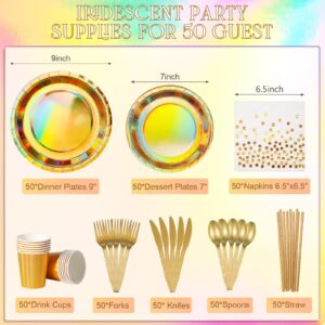 Iridescent Gold Party Supplies Decorations Serve 50, Holographic Gold Paper Plates and Napkins, Disposable Iridescent Party Plates Cups Napkins for Wedding Anniversary Birthday Bridal Shower Party