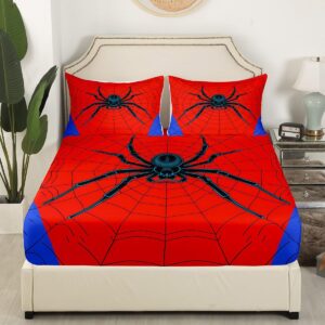 Spider Web Kids Sheet King Size,Black Spider Arachnid Insect Animals Bedding Set,Boys Girls Women Men Room Decor,Happy Halloween Red Blue Fashion Bed Sheet Set 4pcs(Fitted + Flat + 2 Pillowcases)