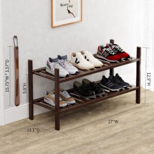 VOPOG Shoe Rack, 2-Tier Bamboo Shoe Rack for Front Door Entrance with Shoe Horn, Stackable Shoe Rack Organizer Shoe Shelf for Entryway, Hallway, Bathroom, and Closet Shoe Organizer - Brown