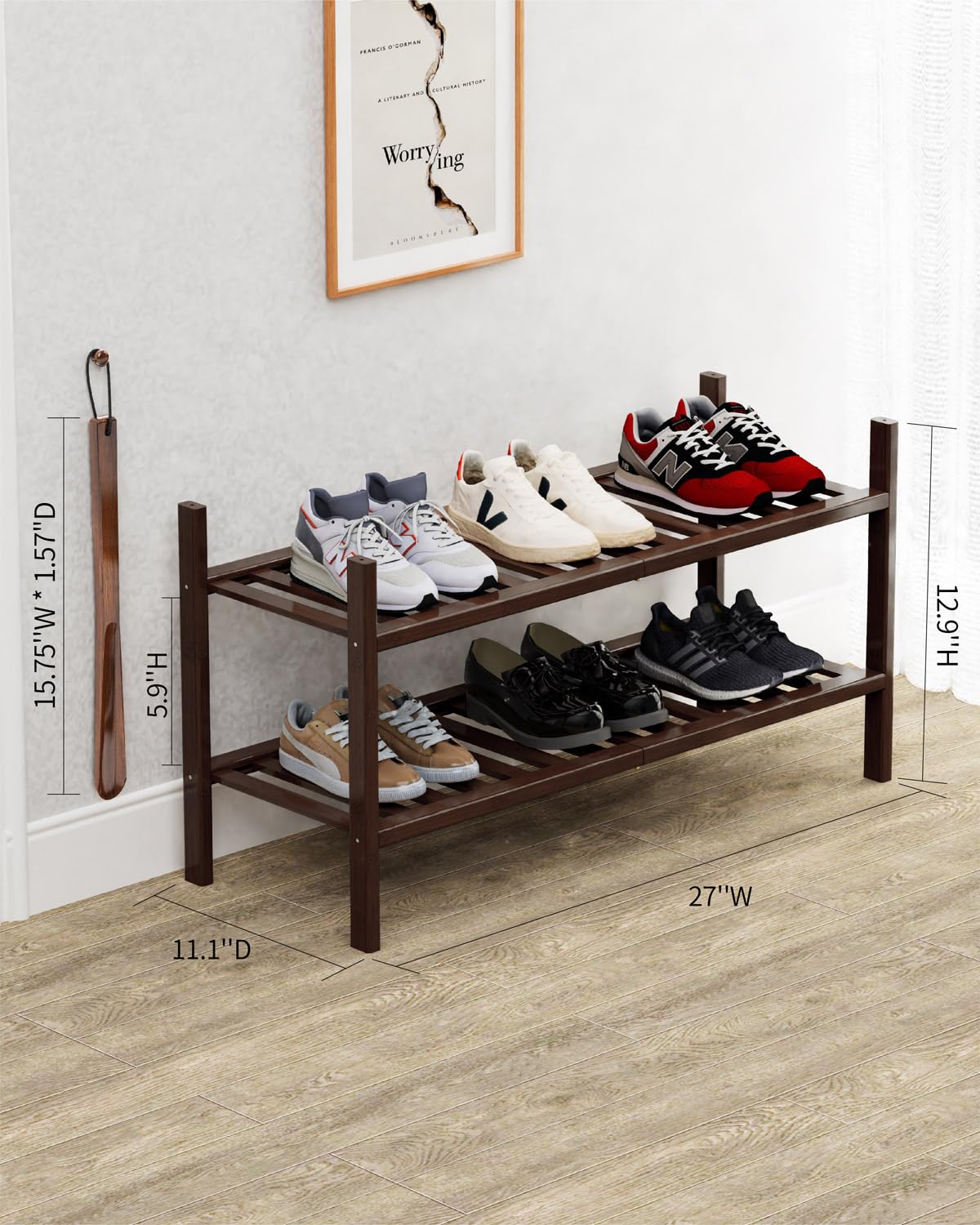 VOPOG Shoe Rack, 2-Tier Bamboo Shoe Rack for Front Door Entrance with Shoe Horn, Stackable Shoe Rack Organizer Shoe Shelf for Entryway, Hallway, Bathroom, and Closet Shoe Organizer - Brown