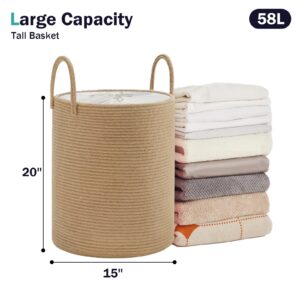 YOUDENOVA Laundry Hamper Basket with Linen Lid, Woven Tall 58L Laundry Basket for Blanket Organizer- Nursery Hamper for Bedroom Storage