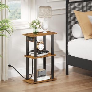 Asgolion Small Side Table with Charging Station, Narrow End Table with USB Ports and Outlets, 3 Tier Bedside Table for Small Spaces, Skinny Nightstand on Wheels for Living Room, Rustic Brown