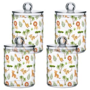 Msyxl 4 Pack Safari Animals Apothecary Jars with Lid, Qtip Holder Storage Containers for Cotton Ball, Swabs, Pads, Clear Plastic Canisters for Bathroom Vanity Organization (10 Oz)