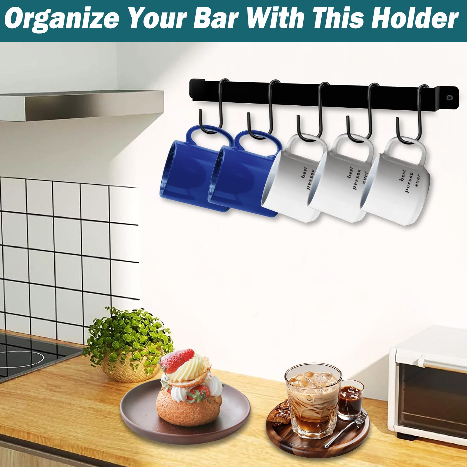 BIHOMIFI 2 Pack Steel-made Kitchen Utensil Rack Organizer Wall-mounted Pot Pans Wall Hanger Holder for Coffee Mug Rack Cup Hanging Kitchen Black with 10 S Hooks