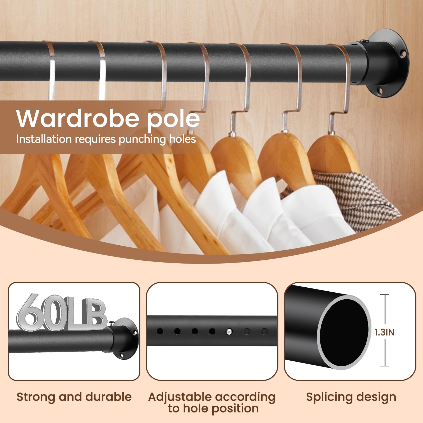 Closet Rod, 17 to 40 Inch 1.3 Inch Diameter Heavy-Duty Adjustable Closet Rods for Hanging Clothes Closet Hanging Rod Metal Matte Black Closet Poles for Wardrobes