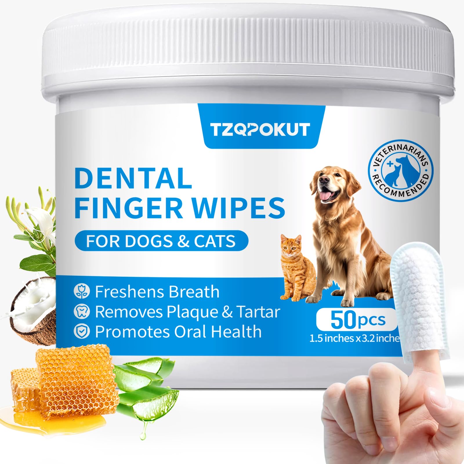 Tzqpokut Dog Teeth Cleaning Wipes, Dog Dental Wipes for Dog Tooth Pet Dental Finger Wipes for Dogs & Cats - Reduces Plaque & Freshens Breath (50 Count)