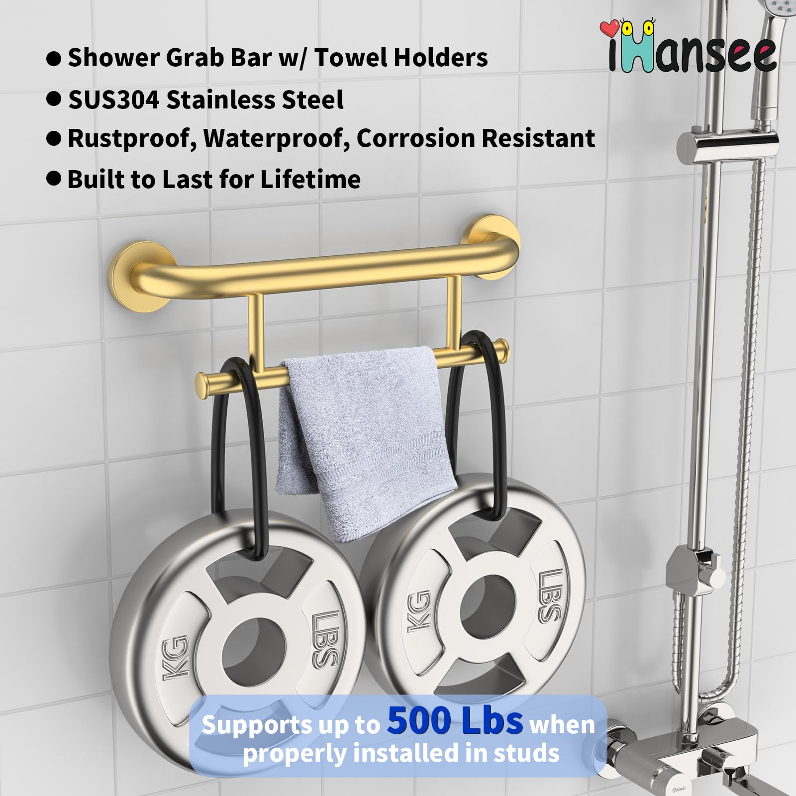 Gold Grab Bar 17 Inch w/Towel Holder, iHansee Stainless Steel Towel Rack Shower Support Balanced Support Handle, Wall Mount Safety Handrail Grab Rail for Elderly Senior Handicap Disabled