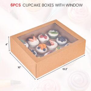 VGOODALL 6 Sets Kraft Brown Cupcake Container, Bakery Carrier Boxes 12 Count Cupcake Carrier with Window Cupcake Transport Holders Cupcake Boxes for Muffins Pastry Cookies Treats Dessert 13.2"x10"x4"