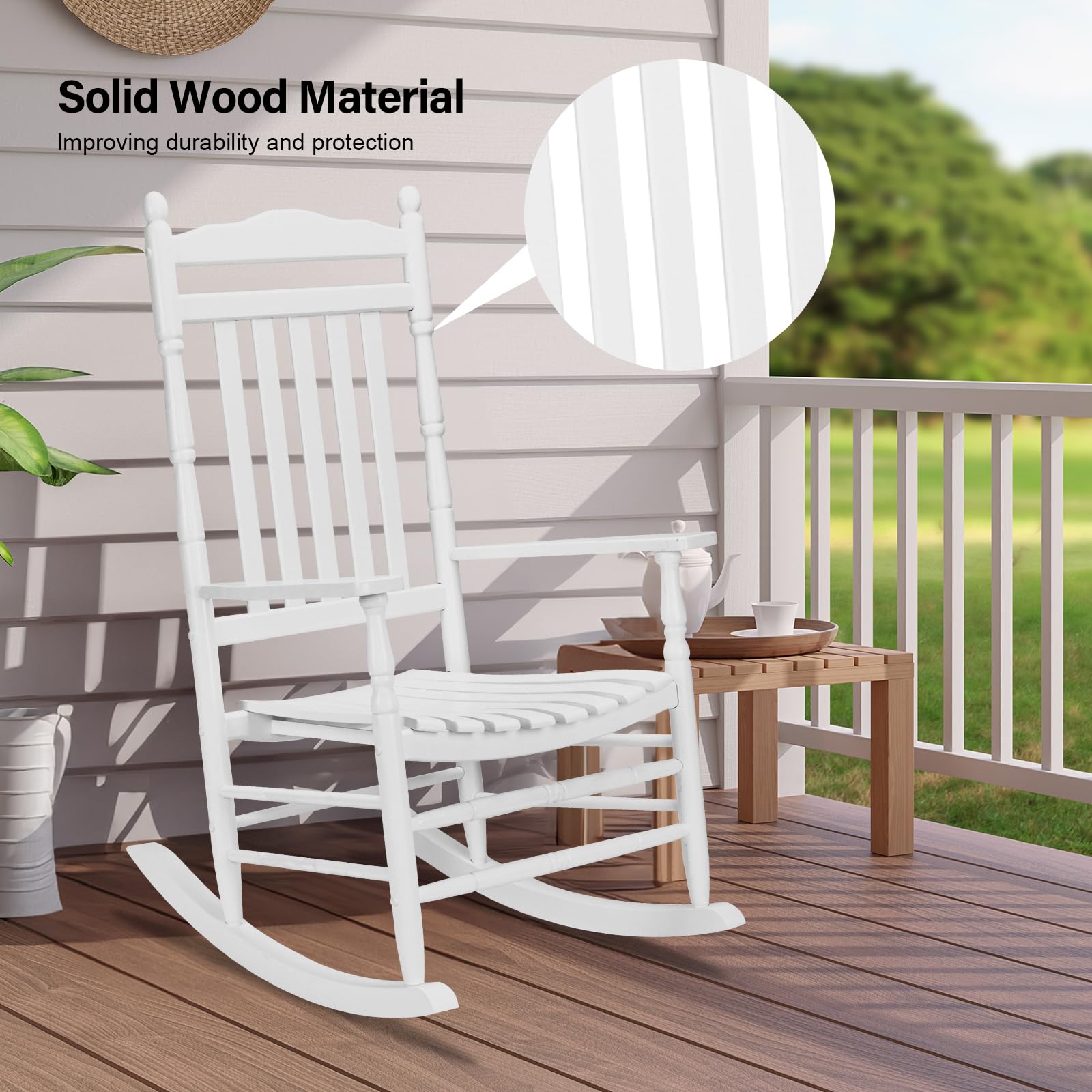 VINGLI Wooden Rocking Chair Outdoor, Patio Rockers with High Back, Support 450 LBS Rocking Chairs, for Porch, Patio, Balcony, Garden, Yard (White, 1 PC)