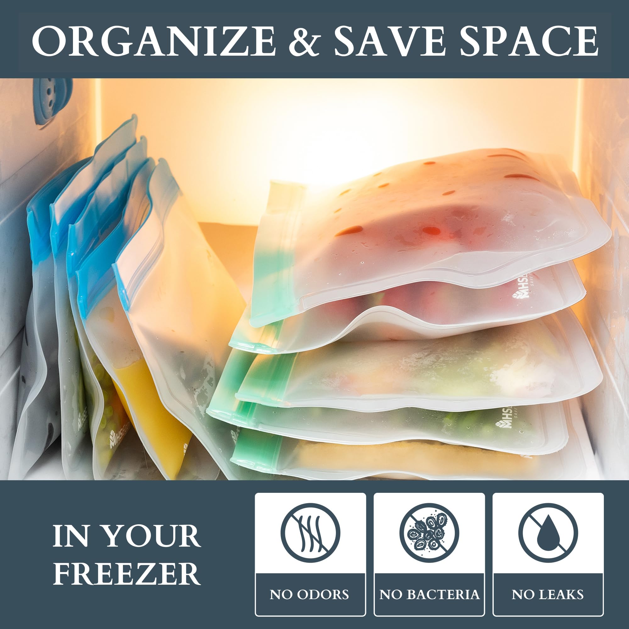 Reusable Freezer Bags | 20-Pack | M, L, XL & Gallon Reusable Silicone Ziplock Bags | BPA Free & Leakproof Silicone Bags for Fridge Storage, Freezer Storage, Food Storage, & Batch Cooking