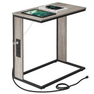 vagusicc c shaped end table with charging station, small couch side table with outlets and usb ports for living room, bedroom, sturdy slide under sofa table c-shaped snack table with metal frame 27 "h