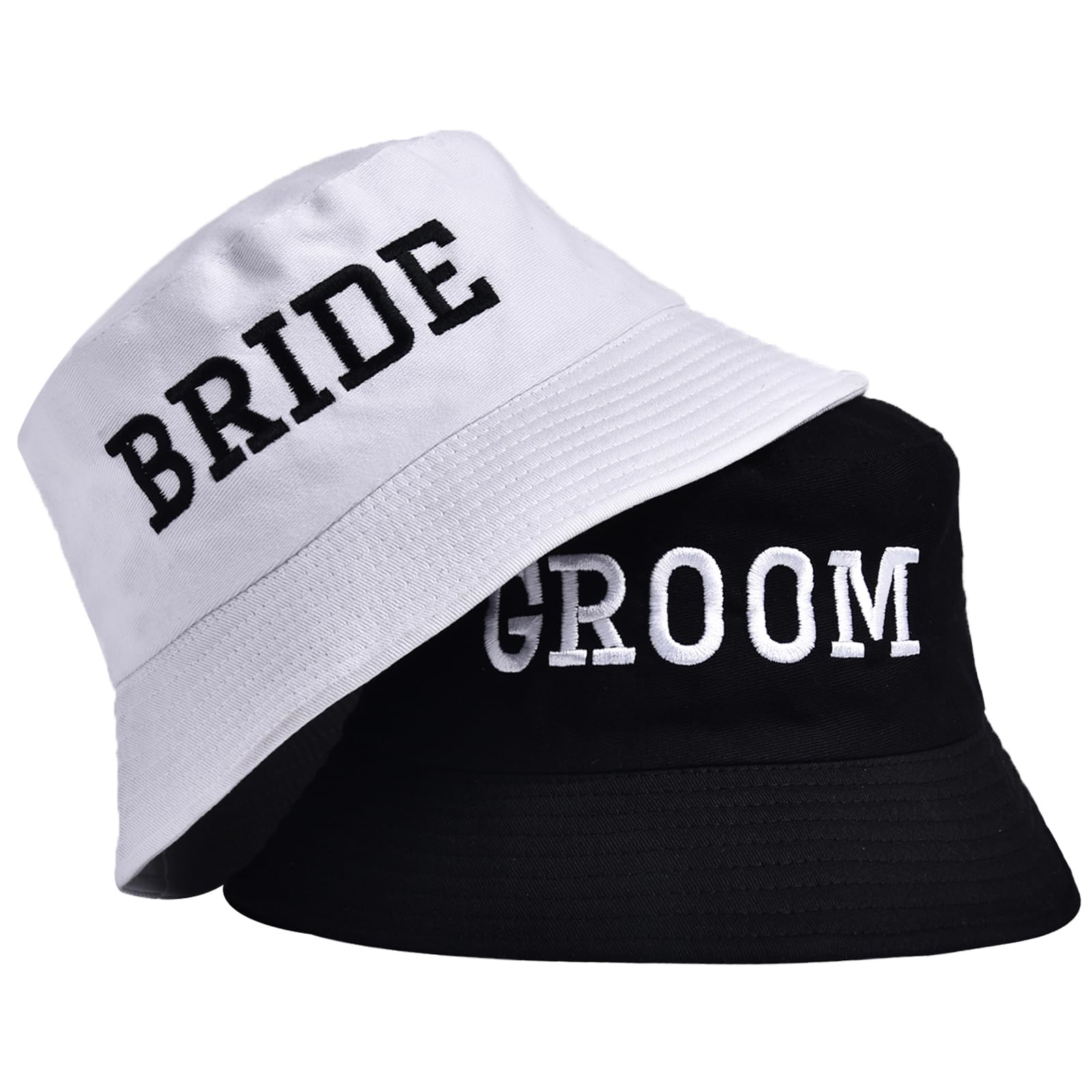 2PCS Bride Groom Bucket Hats Bachelor Bachelorette Party Decorations Bridal Honeymoon Travel Newlywed Gifts White Black