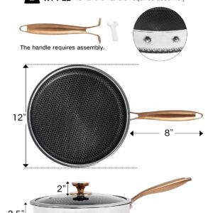 Bakpoco Frying Pans Nonstick, 12 inch Hybrid Non Stick Frying Pan with Lid, Stainless Steel Non Toxic PFOA Free Scratch-resistant Coating Skillets, Dishwasher & Oven Safe Induction Compatible Cookware